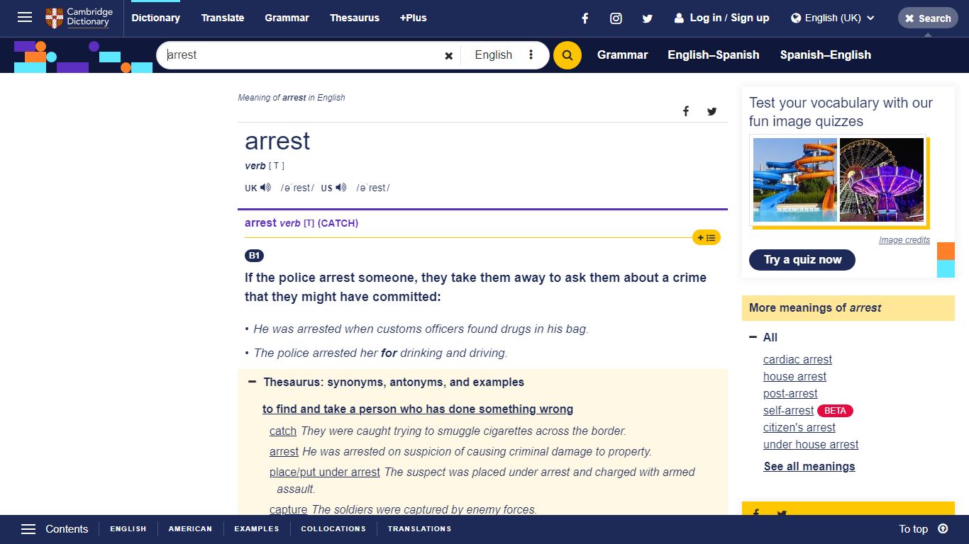 ARREST | meaning in the Cambridge English Dictionary